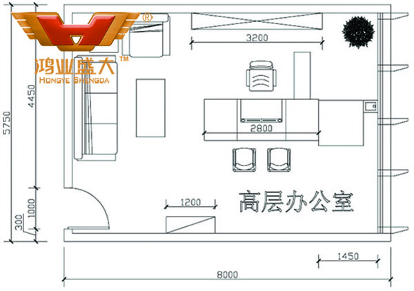 鴻業(yè)設計師根據(jù)客戶提供尺寸，設計的總經(jīng)理辦公室CAD平面圖